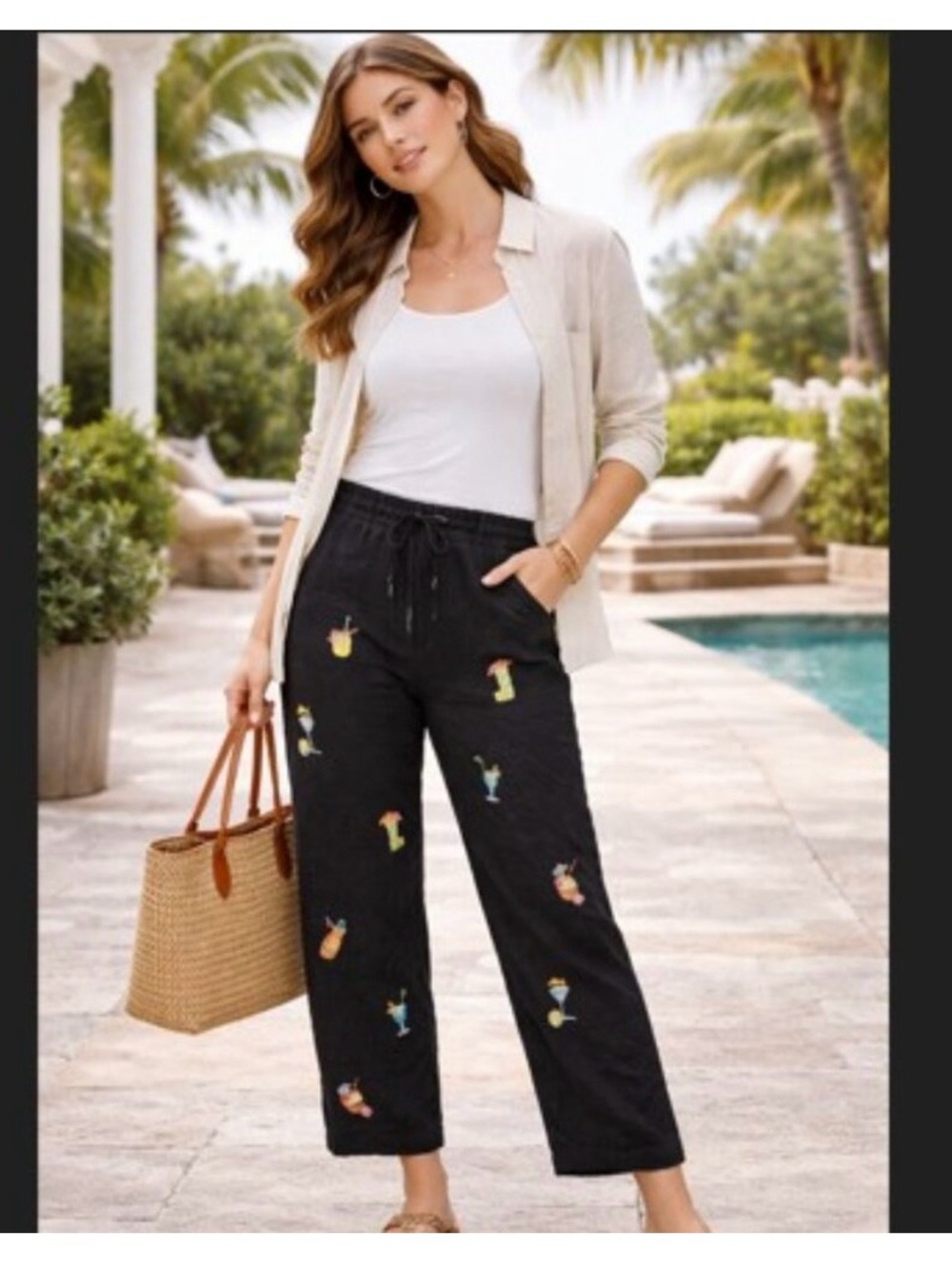 Saint Tropez 100 % Linen Embroidered Tiki Bar Cocktail Pants Black‎ Size 14.